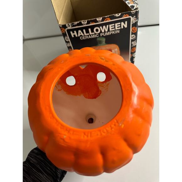 Vintage New Halloween Ceramic Pumpkin Jack O' Lantern smiley candle tealight - Picture 7 of 9